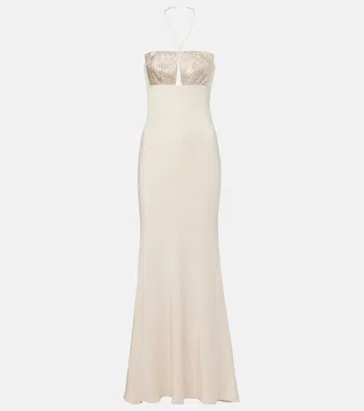Roland Mouret Halterneck Embellished Silk Gown In Sand