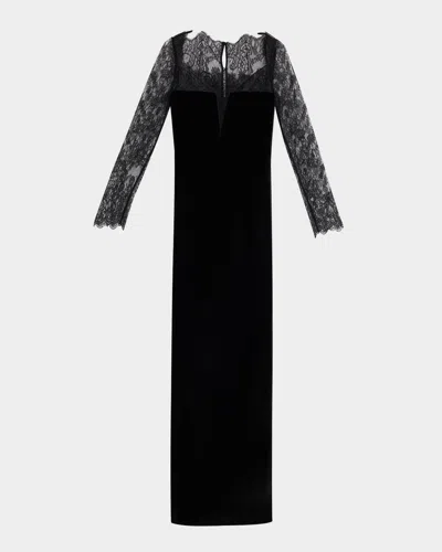 Roland Mouret Lace Long-sleeve Velvet Column Gown In Black