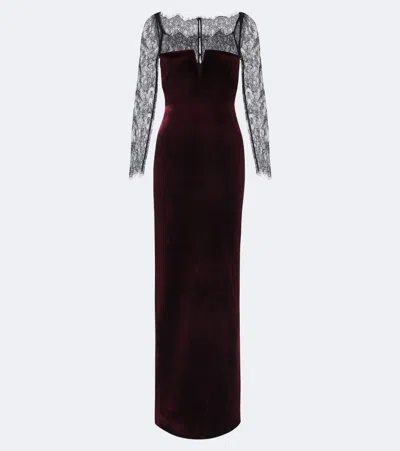 Roland Mouret Lace-trimmed Velvet Gown In Burgundy