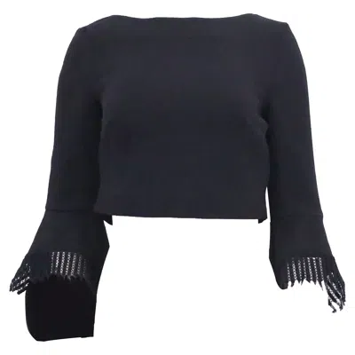Roland Mouret Liverton Fringe Sleeve Crop Top In Black Wool In Blue