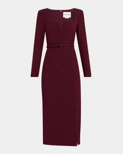 ROLAND MOURET LONG-SLEEVE BELTED WOOL-SILK MIDI DRESS