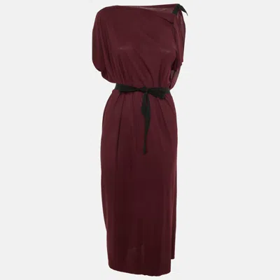 Pre-owned Roland Mouret Maroon Crepe Tie Detail Midi Dress L In Burgundy