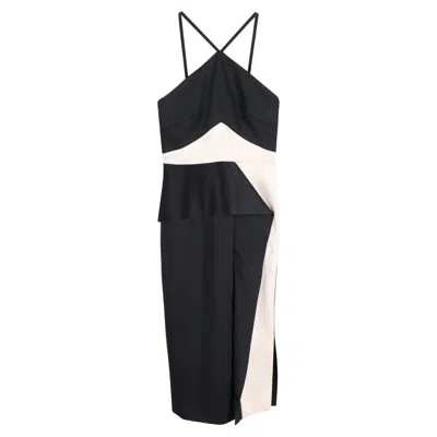 Roland Mouret Midi Bartlow Two-toned Halter Neck Dress In Black And White Satin