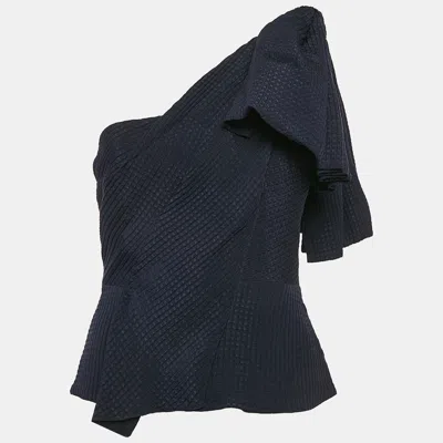 Pre-owned Roland Mouret Navy Blue Textured Silk Bow Detail One-shoulder Top M