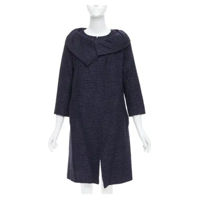 Pre-owned Roland Mouret Navy Cotton Blend Tweed Collar Structural Coat Uk12 L In Blue