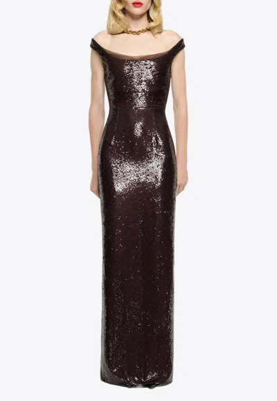 Roland Mouret Sequined Off-the-shoulder Gown In Brown