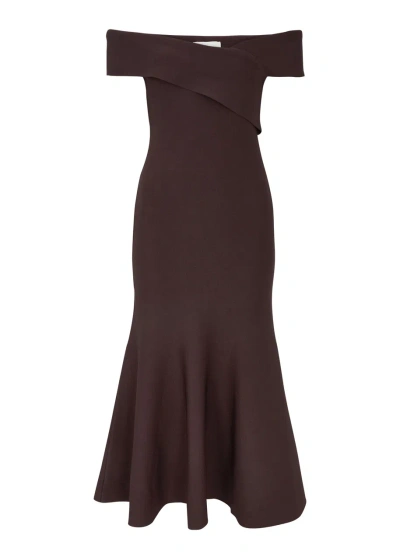 Roland Mouret Off-the-shoulder Knitted Midi Dress In Brown