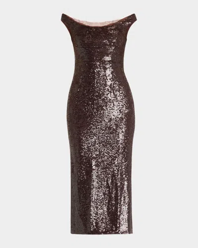 Roland Mouret Off-the-shoulder Sequin Midi Dress In Brown