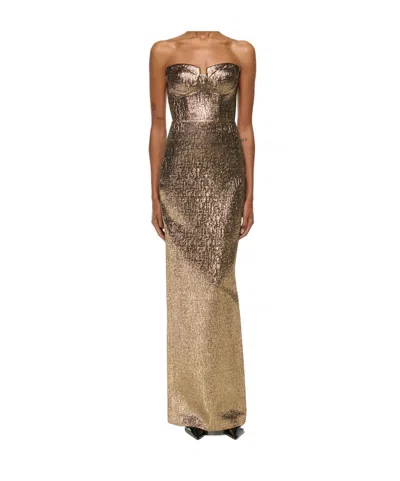 Roland Mouret Pleated Bust Metallic Jacquard Gown In Gold
