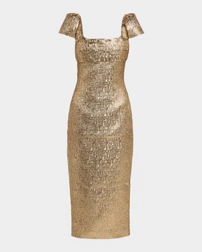 Roland Mouret Pleated Drape Metallic Midi Dress In Gold