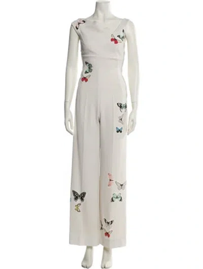 Pre-owned Roland Mouret Printed Asymmetrical Jumpsuit In White