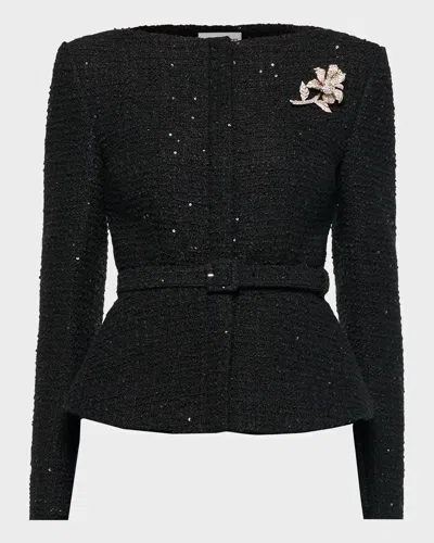 Roland Mouret Sequin Boucle Belted Peplum Jacket In Black