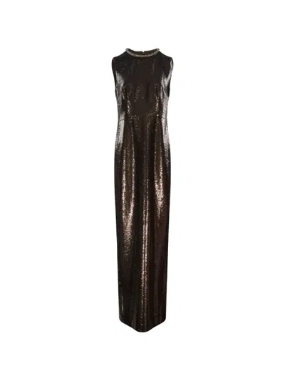 Roland Mouret Sequin-embellished Crystal-neckline Dress In Brown
