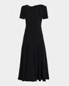 Roland Mouret Shoulder Drape Short-sleeve Light Cady Midi Dress In Black