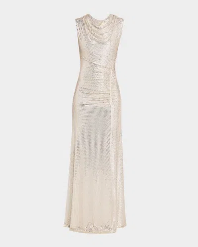 Roland Mouret Sleeveless Diamante Mesh Draped Gown In Neutral