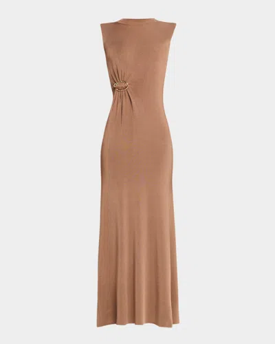 Roland Mouret Sleeveless Gathered-waist Viscose Knit Maxi Dress In Brown