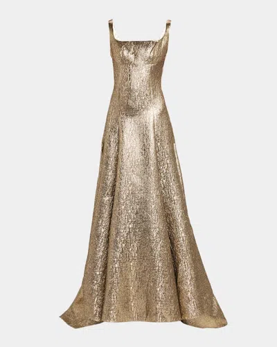 Roland Mouret Sleeveless Textured Metallic Jacquard A-line Gown In Gold