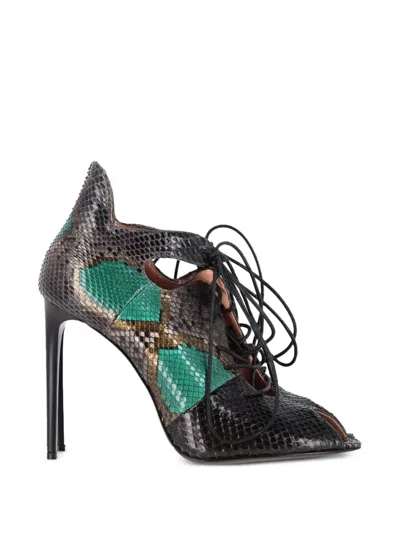 Pre-owned Roland Mouret Snake-print Lace-up Sandals In Black
