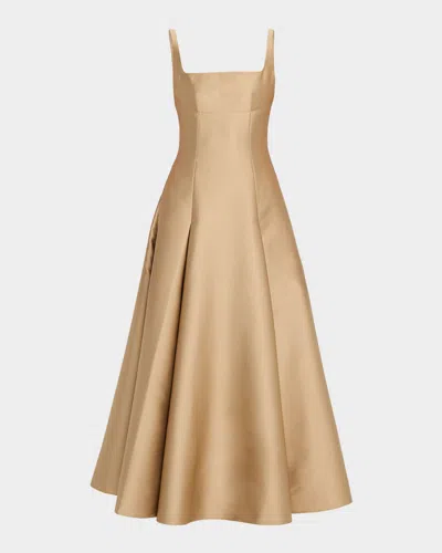 Roland Mouret Square-neck Silk Tea-length Dress In Brown