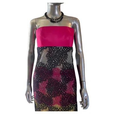 Pre-owned Roland Mouret Strapless Black Print Lace & Pink Satin Cocktail Dress Nwt Size 6