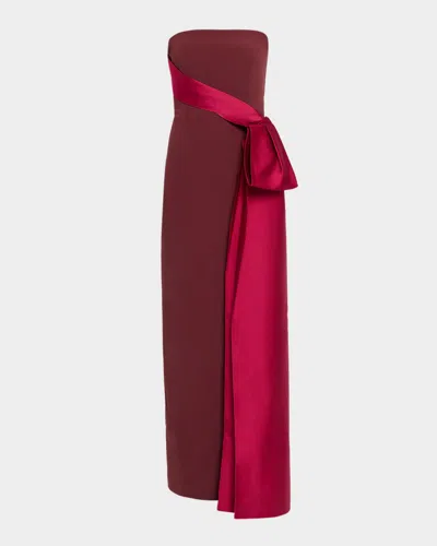 Roland Mouret Strapless Draped Satin Bow Column Gown In Red