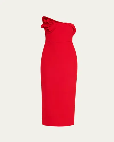 Roland Mouret Strapless Flower Drape Crepe Midi Dress In Red