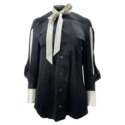 Roland Mouret Textured Ribbon Scarf Long Sleeve Bouse In Black Viscose