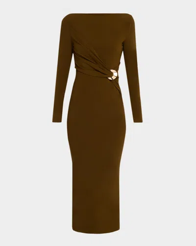 Roland Mouret Twisted Drape Long-sleeve Midi Dress In Brown