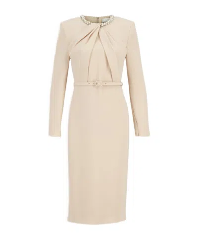 Roland Mouret Twisted Drape Pearl-trim Dress In Neutral