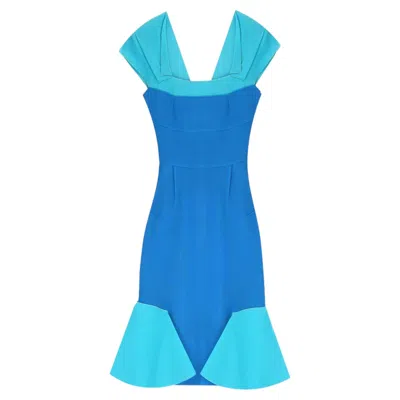 Pre-owned Roland Mouret Virgin Wool Colour-block Sheath Dress In Blue