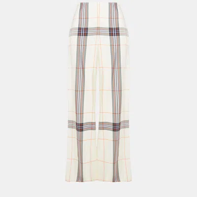 Pre-owned Roland Mouret White Checked Print Viscose Wide Leg Trousers Xs (uk 6)