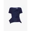 Roland Mouret Womens Navy Asymmetric-twist Peplum Boucle Top In Blue