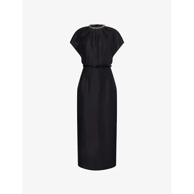 Roland Mouret Womens Black Rhinestone-embellished Cap-sleeves Woven Midi Dress