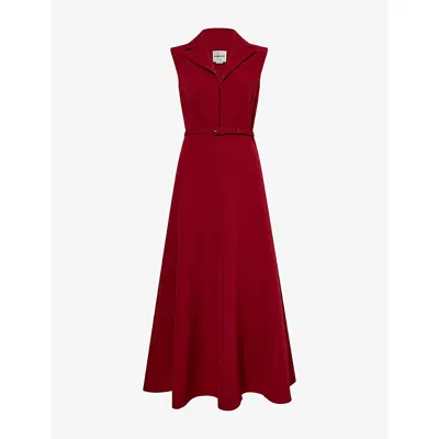 Roland Mouret Womens Dark Red Peak-lapel Belted Woven Midi Dress