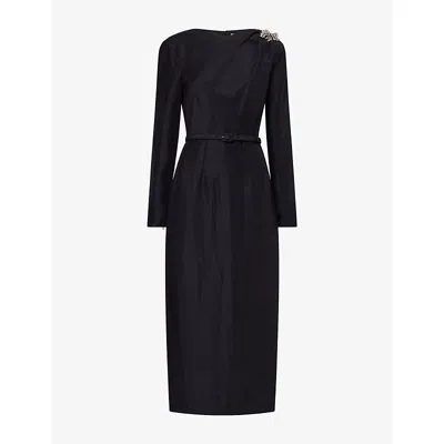 Roland Mouret Womens Long-sleeve Brooch Ramie-and-silk Midi Dress Black