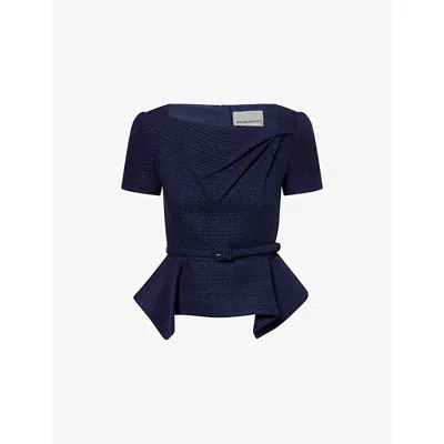 Roland Mouret Womens Navy Asymmetric-hem Belted Boucle Top In Blue
