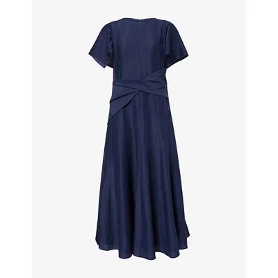 Roland Mouret Womens  Handkerchief-sleeve Drape-waist Silk-blend Midi Dress In Blue