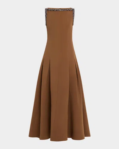 Roland Mouret Wool-silk Embellished Boat-neck Maxi Dress In Brown