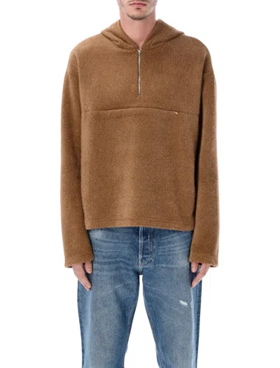 Rold Skov Modern Minimalist Relaxed Fit Squire Half-zip Hoodie With Satin-lined Hood In Marrone