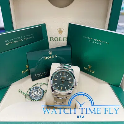 Pre-owned Rolex 116400gv Milgauss 40mm Stainless Steel Watch Black Dial With Green Crystal