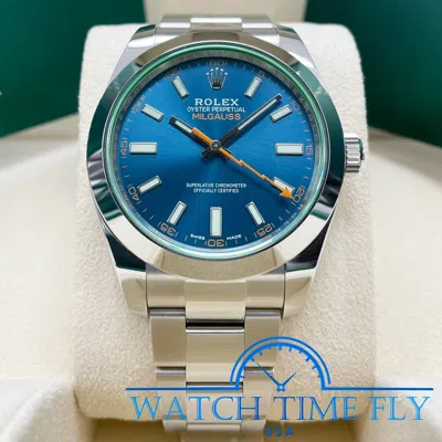 Pre-owned Rolex 116400gv Milgauss 40mm Stainless Steel Watch Blue Dial With Green Crystal