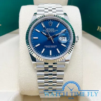 Pre-owned Rolex 126234 Stainless Steel Datejust 36mm Fluted Bezel Blue Index Stick Dial