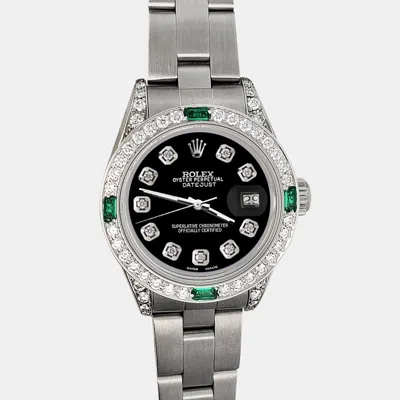 Pre-owned Rolex 1.2ct Diamond Bezel Black Track Diamond Dial Stainless Steel Oyster Datejust Wristwatch 26mm