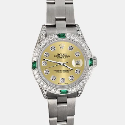 Pre-owned Rolex 1.2ct Diamond Bezel Champagne Track Diamond Dial Stainless Steel Oyster Datejust Wristwatch 26mm In Gold