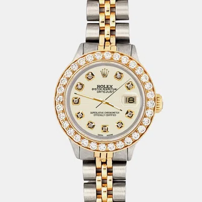 Pre-owned Rolex 1.3ct Diamond Bezel Satin Linen Diamond Dial Datejust Wristwatch 26mm In Beige