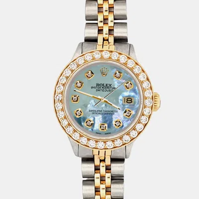 Pre-owned Rolex 1.3ct Diamond Bezel Tahitian Blue Mop Diamond Dial Datejust Wristwatch 26mm