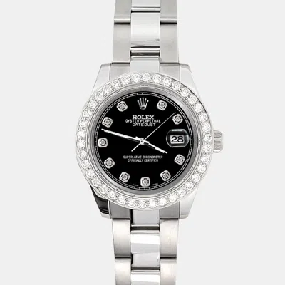 Pre-owned Rolex 1.6ct Diamond Bezel Black Track Dial Stainless Steel Datejust 178240 Wristwatch 31mm