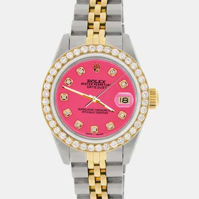 Pre-owned Rolex 18k Gold Stainless Steel Neon Pink Diamond Dial Diamond Bezel Datejust Wristwatch 26mm