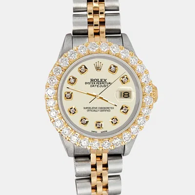 Pre-owned Rolex 1.96ct Diamond Bezel Satin Linen Dial Jubilee Datejust Wristwatch 26mm In Beige