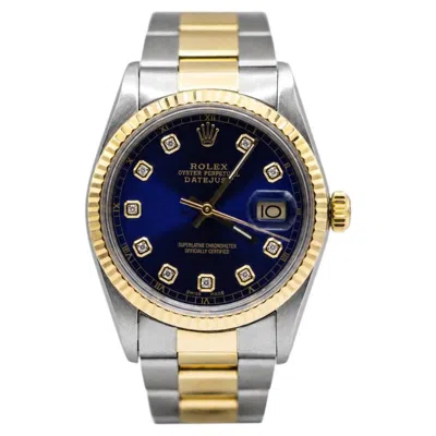 Pre-owned Rolex 1983  Blue Oyster Perpetual Date Just Wristwatch 18k Bezel 14k Bracelet